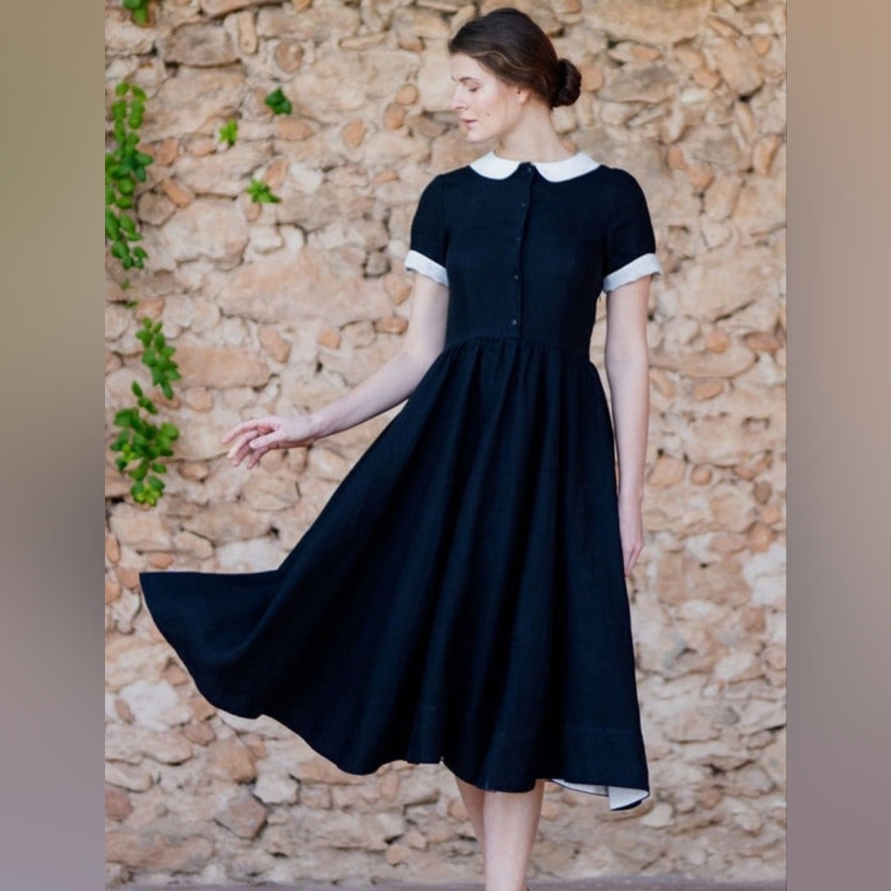 Black Son de Flor dress with white collar in size medium! 🖤🤍 100% Linen - Picture 2 of 6